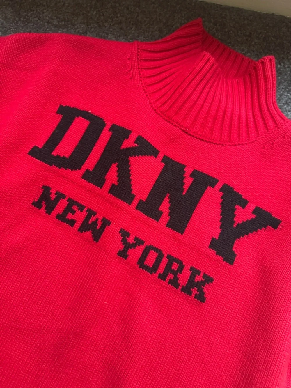 DKNY Red Mock Neck Sweater with Black Logo - Picture 2 of 4